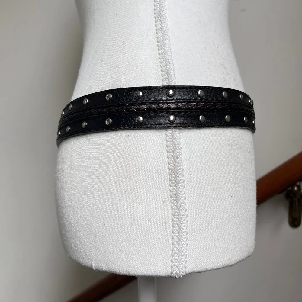 Vintage Black Leather Studded Distressed Boho Biker Belt Braided Michael Kors - Picture 6 of 12